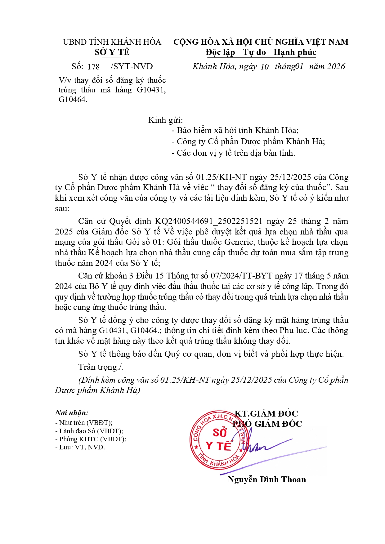 V/v thay đổi số đăng ký thuốc trúng thầu mã hàng G10431, G10464.